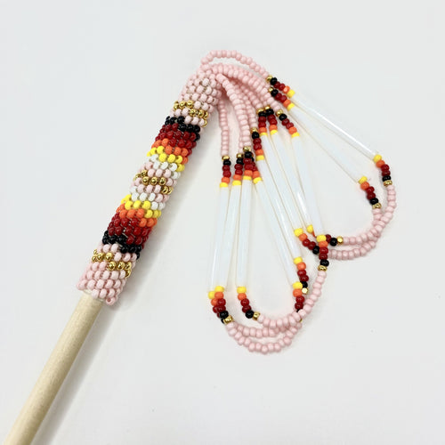 baby pink, fire, hair stick, beaded, 5sb, 5 sisters beadwork, five sisters beadwork, shop native, buy indigenous bead work, handcrafted.