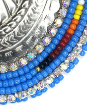 Load image into Gallery viewer, denim phone grip beaded, 5 sisters beadwork, handcrafted blue beads, carry, five sisters beadwork.