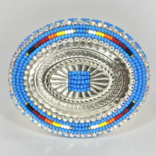 Load image into Gallery viewer, denim phone grip beaded, 5 sisters beadwork, handcrafted blue beads, carry, five sisters beadwork.