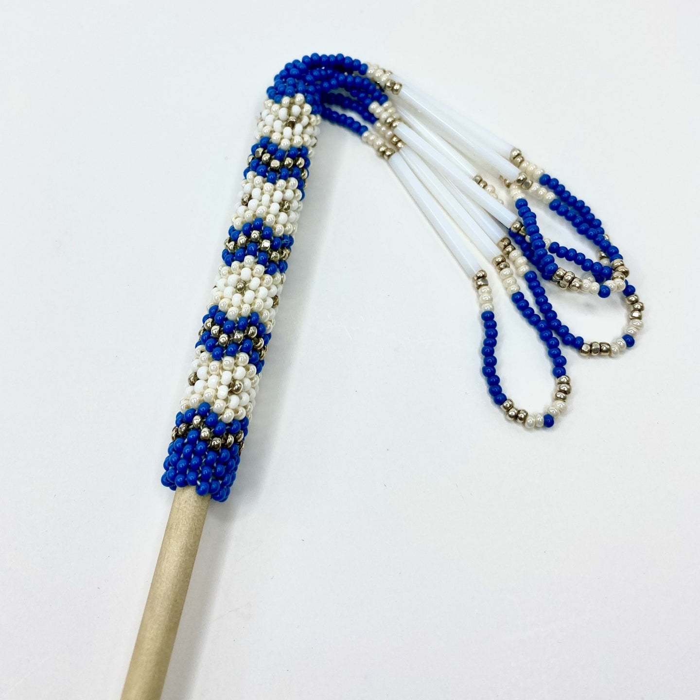french blue, ivory, hair stick, beaded, 5sb, 5 sisters beadwork, five sisters beadwork, shop native, buy indigenous bead work, handcrafted.