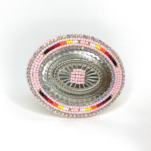 baby pink concho phone grip, beadwork, beaded, indigneous brand, native brand, bead work, beaded pop, socket, beaded grip. 