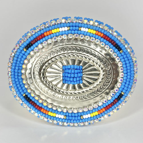denim phone grip beaded, 5 sisters beadwork, handcrafted blue beads, carry, five sisters beadwork.